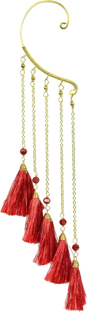 AeraVida Dressy Trendy Multi Red Tassel Pretty Brass Chain Statement One Ear Cuff Detailed Earring