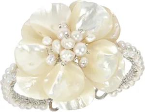 AeraVida Floral Attention White Mother of Pearl and Cultured Freshwater White Pearl Cuff Bracelet | Elegant Handmade Jewelry for Women | Handmade Mother of Pearl Bracelet | Gift for Women
