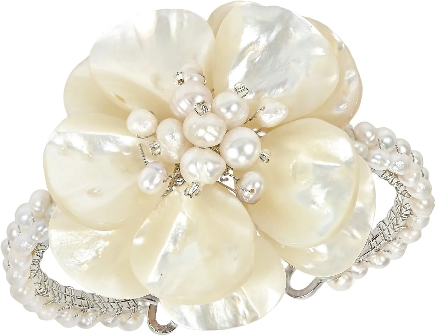 AeraVida Floral Attention White Mother of Pearl and Cultured Freshwater White Pearl Cuff Bracelet | Elegant Handmade Jewelry for Women | Handmade Mother of Pearl Bracelet | Gift for Women