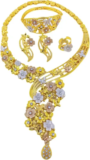 African Jewelry for Women,Luxury Dubai 24 K Gold Plated Rhinestone Necklaces Earrings Bracelet Ring Set Bride Bridesmaid Wedding Crystal Eternal Love Accessories Gifts for Women