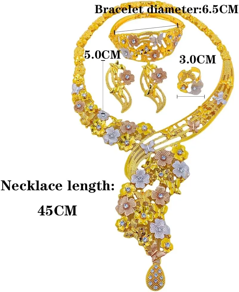 African Jewelry for Women,Luxury Dubai 24 K Gold Plated Rhinestone Necklaces Earrings Bracelet Ring Set Bride Bridesmaid Wedding Crystal Eternal Love Accessories Gifts for Women
