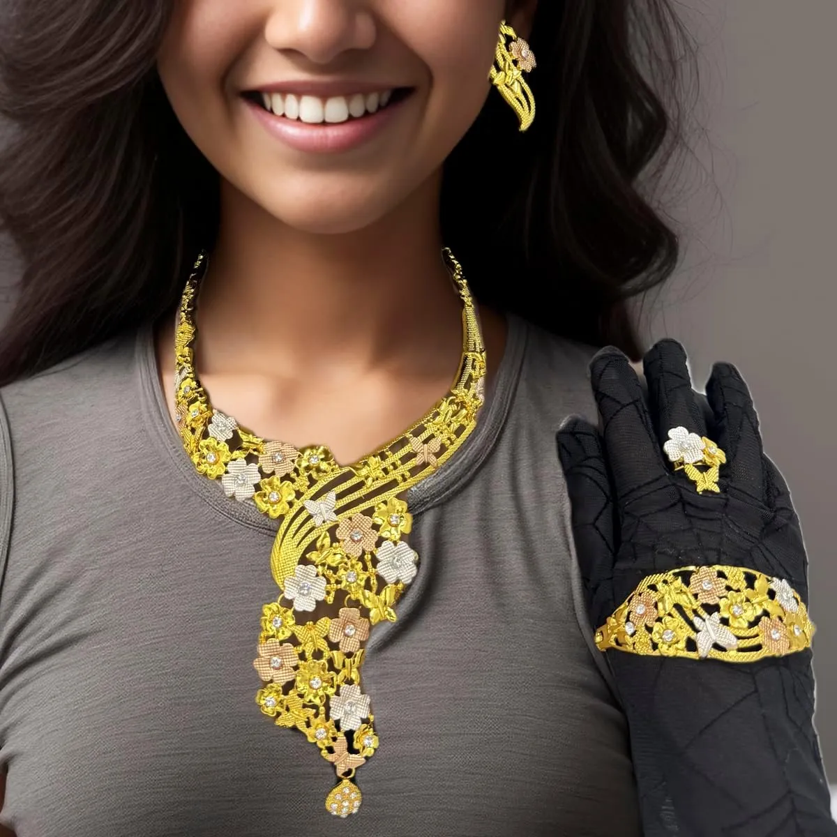 African Jewelry for Women,Luxury Dubai 24 K Gold Plated Rhinestone Necklaces Earrings Bracelet Ring Set Bride Bridesmaid Wedding Crystal Eternal Love Accessories Gifts for Women