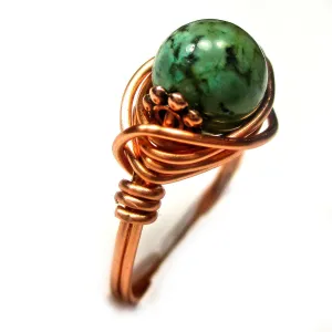 African Turquoise Gemstone Handmade Copper Solitaire Wire Wrap Womens Ring Jewelry Gift for Her Hand-Crafter in USA