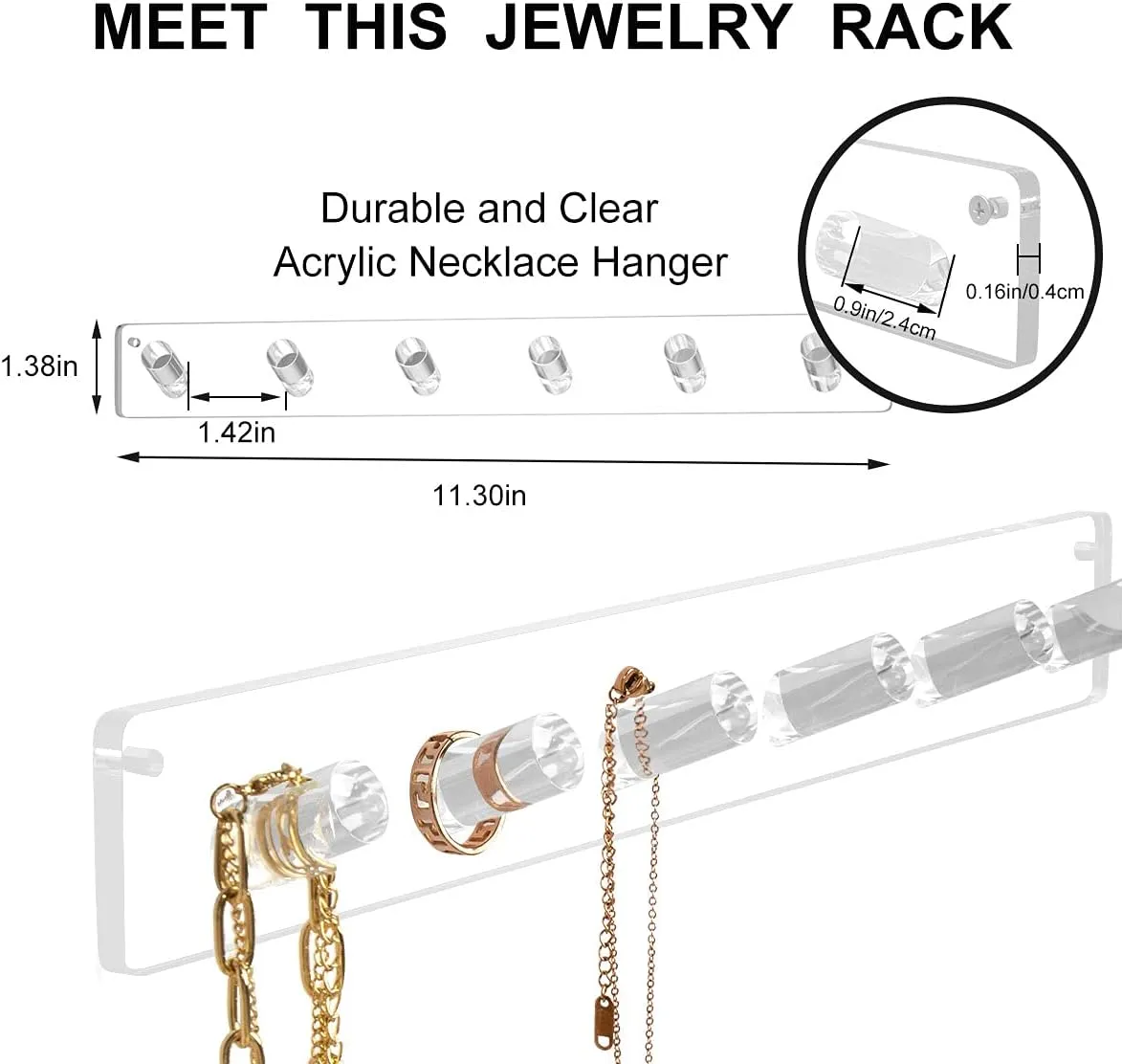 AITEE Necklace Holder, Acrylic Necklace Organizer Wall Mounted with 6 Hooks, for Hanging Necklace, Jewelry, Bangles, Bracelets and Rings, Best Gifts for Girls and Women(2 PACK)