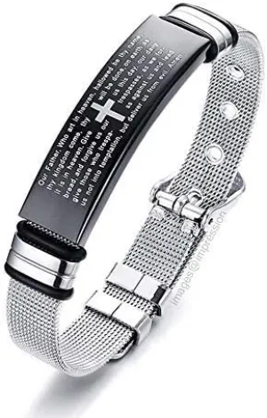 Aleafa Armlet Home Presents Leather and Stainless Steel English Lord's Prayer Bible Cross Christ Bracelet/Wristband for MenS and Boys (Black) #Aport-1459