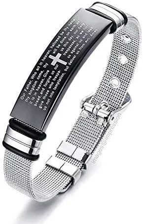 Aleafa Armlet Home Presents Leather and Stainless Steel English Lord's Prayer Bible Cross Christ Bracelet/Wristband for MenS and Boys (Black) #Aport-1459