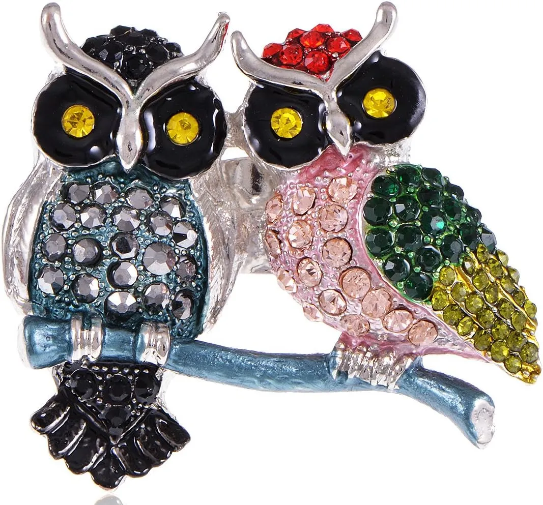 Alilang Women's Colorful Green Pink Yellow Crystal Rhinestone Twin Owl Couple Lovers Custom Ring