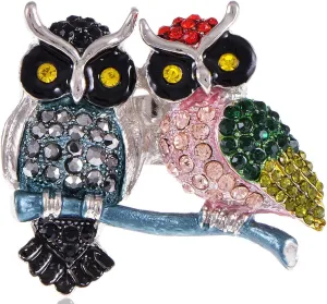 Alilang Women's Colorful Green Pink Yellow Crystal Rhinestone Twin Owl Couple Lovers Custom Ring