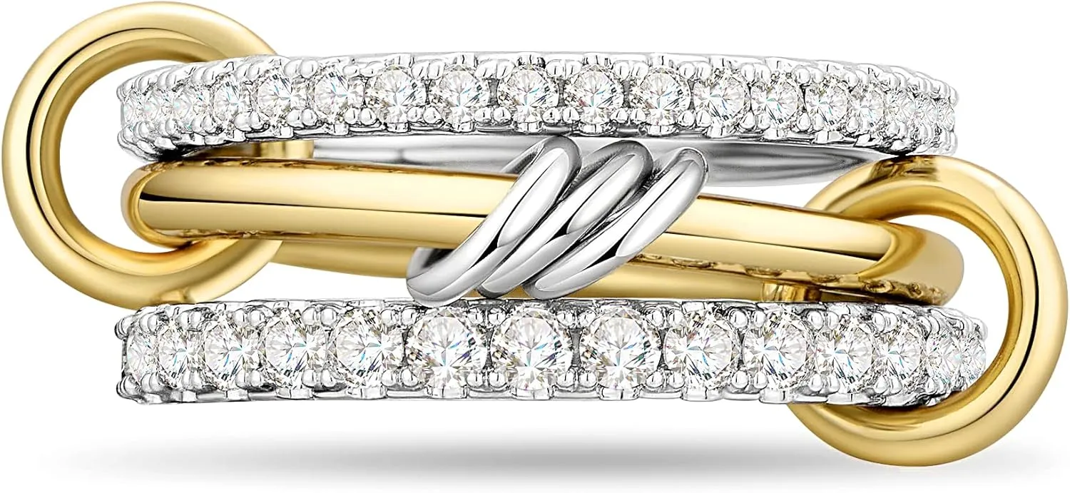 AllenCOCO 14K Gold & White Gold Plated Stackable Rings, Interlocking 3-Band Stacked Ring Set with Cubic Zirconia for Women, Multi-Link Connected, Statement, Hypoallergenic, Non-Tarnish