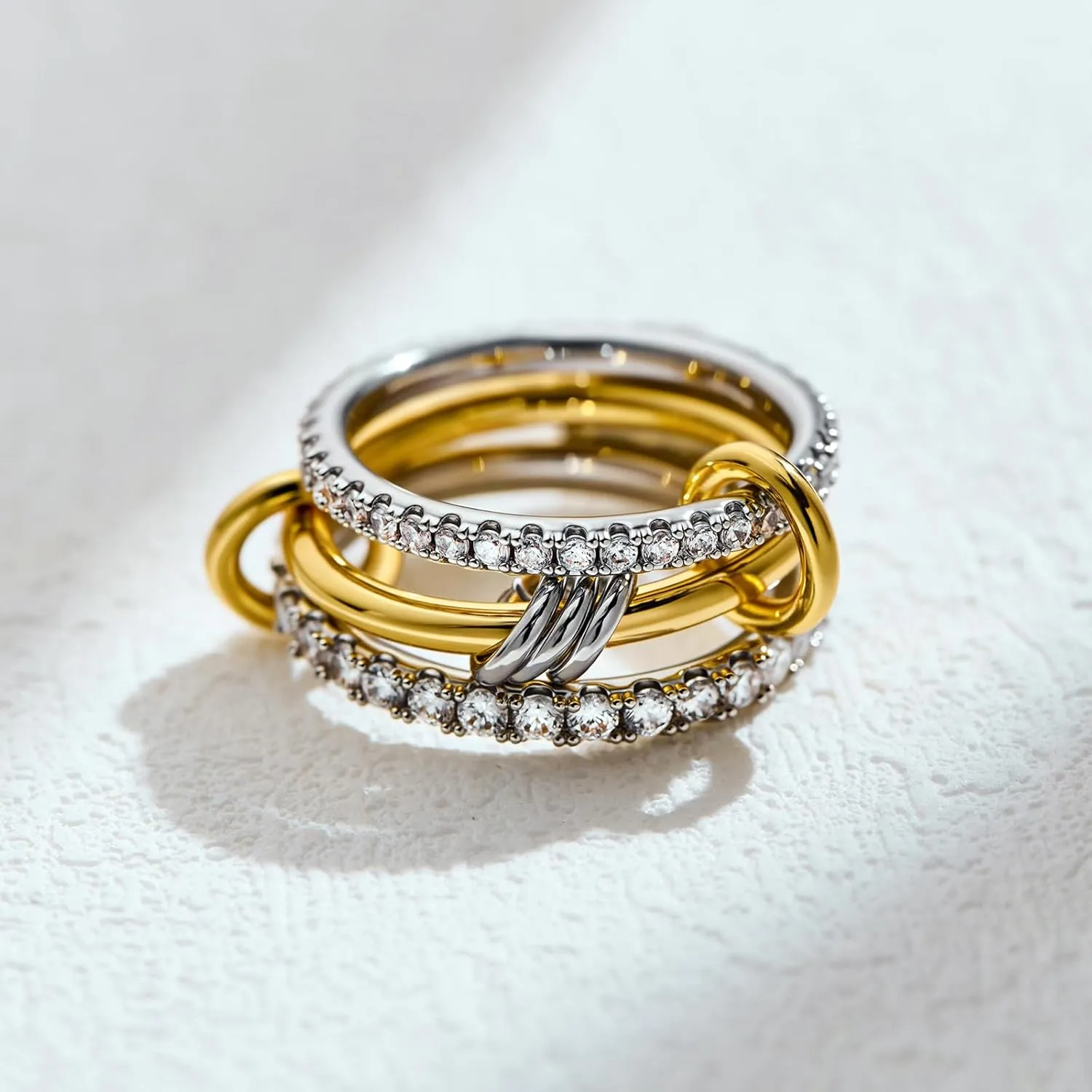 AllenCOCO 14K Gold & White Gold Plated Stackable Rings, Interlocking 3-Band Stacked Ring Set with Cubic Zirconia for Women, Multi-Link Connected, Statement, Hypoallergenic, Non-Tarnish