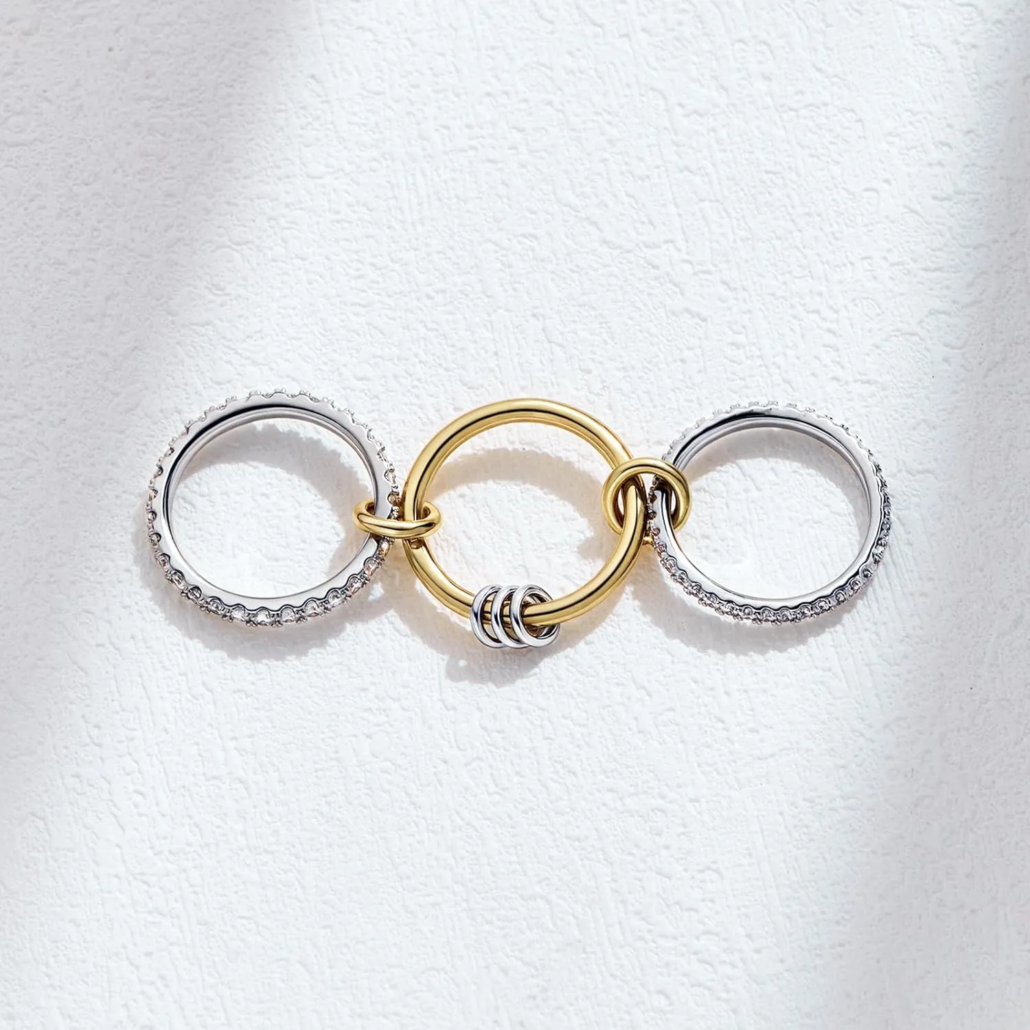 AllenCOCO 14K Gold & White Gold Plated Stackable Rings, Interlocking 3-Band Stacked Ring Set with Cubic Zirconia for Women, Multi-Link Connected, Statement, Hypoallergenic, Non-Tarnish