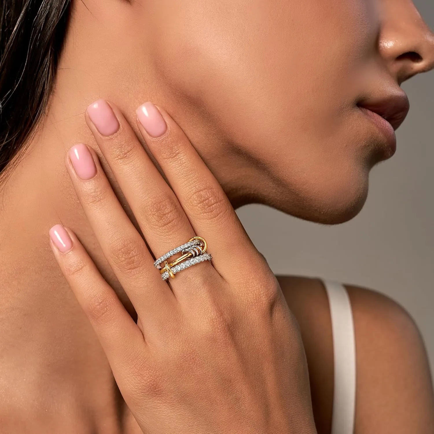 AllenCOCO 14K Gold & White Gold Plated Stackable Rings, Interlocking 3-Band Stacked Ring Set with Cubic Zirconia for Women, Multi-Link Connected, Statement, Hypoallergenic, Non-Tarnish