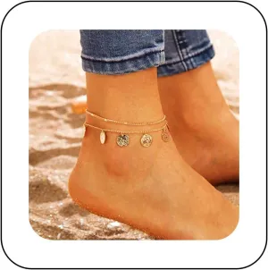 Andelaisi Boho Coin Ankle Bracelet Layered Coin Pendant Anklet Bracelet Gold Disc Chain Anklet Vintage Round Disc Anklet Foot Chain for Women