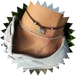 Andelaisi Boho Layered Wax Rope Anklets Vintage Elephant Ankle Bracelet Silver Elephant Pendant Anklet Bracelet Satellite Anklet Ball Beaded Foot Chain Jewelry for Women