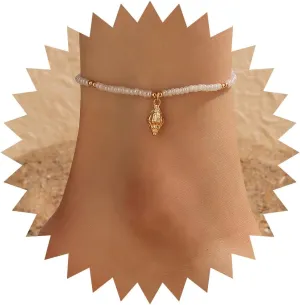 Andelaisi Boho White Seed Bead Ankle Bracelets Gold Conch Dangle Ankle Bracelet Minimalist Conch Shell Chain Anklet White Rice Bead Anklet Foot Chain Vintage handmade Anklet Bracelet Jewelry