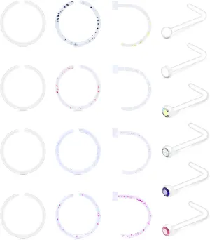Anicina Clear Nose Rings Studs for Work Clear Piercing Retainer Horseshoe Plastic Septum Retainer Clear Flexible Belly Button Nose Septum Lip Eyebrow Tongue Nipple Rings Bioflex Industrial Barbell