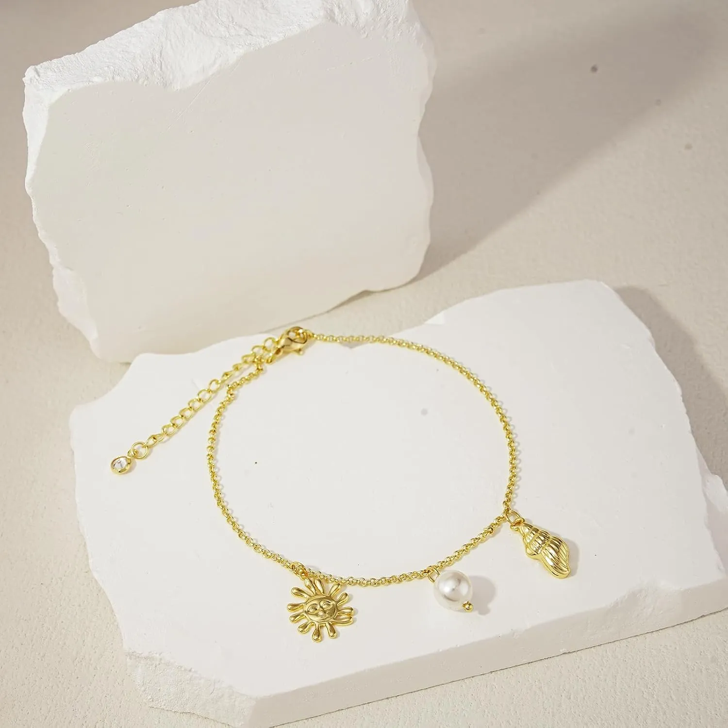 Ankle Bracelets for Women 14K Gold Silver Plated Anklets for Women Waterproof Boho Evil Eye Pearl Charm Pendant Beaded Foot Chain Adjustable Dainty Summer Beach Jewelry Set Gifts Non Tarnish