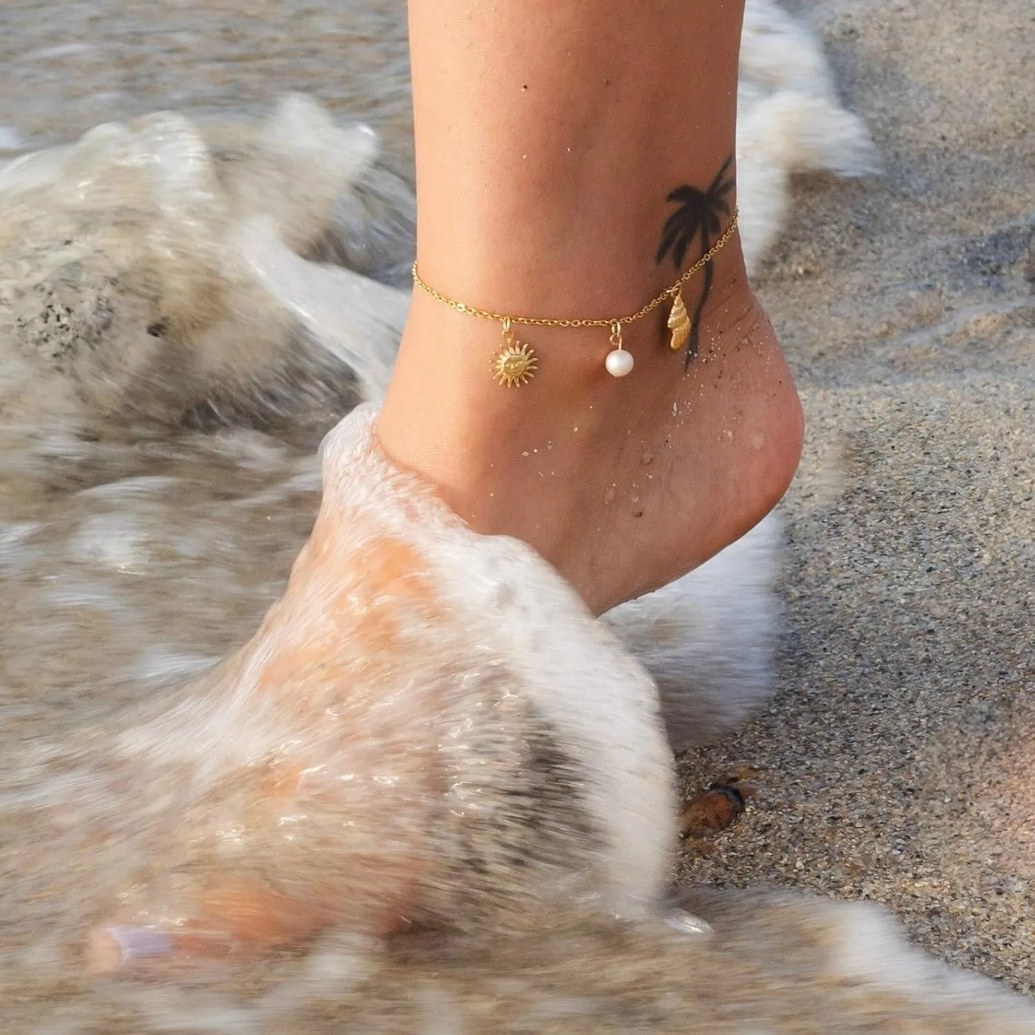 Ankle Bracelets for Women 14K Gold Silver Plated Anklets for Women Waterproof Boho Evil Eye Pearl Charm Pendant Beaded Foot Chain Adjustable Dainty Summer Beach Jewelry Set Gifts Non Tarnish