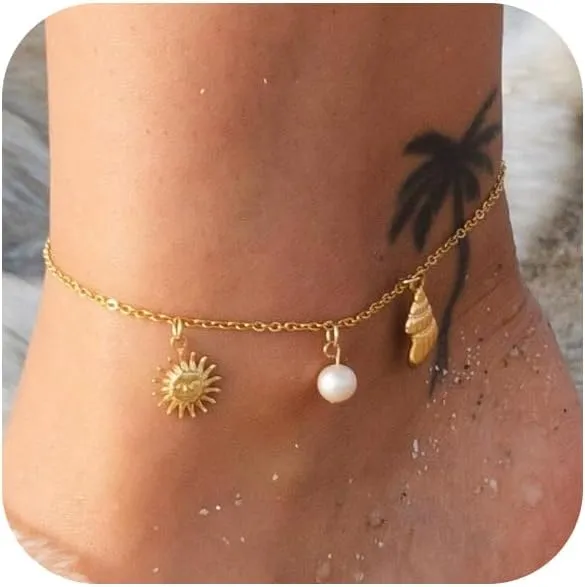 Ankle Bracelets for Women 14K Gold Silver Plated Anklets for Women Waterproof Boho Evil Eye Pearl Charm Pendant Beaded Foot Chain Adjustable Dainty Summer Beach Jewelry Set Gifts Non Tarnish