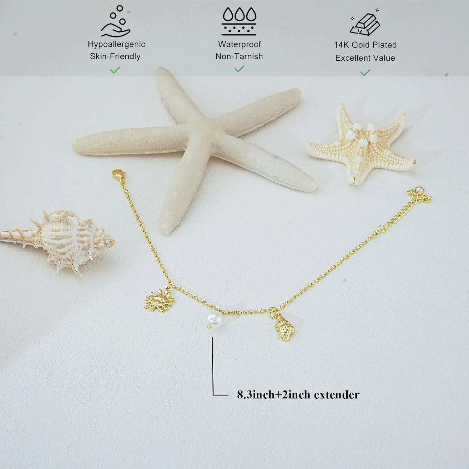 Ankle Bracelets for Women 14K Gold Silver Plated Anklets for Women Waterproof Boho Evil Eye Pearl Charm Pendant Beaded Foot Chain Adjustable Dainty Summer Beach Jewelry Set Gifts Non Tarnish