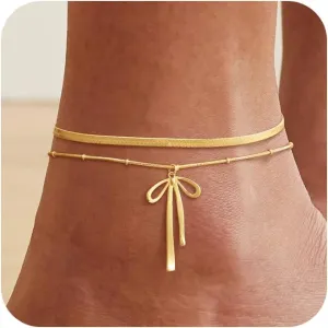 Anklets for Women 14k Gold Plated Bow Ankle Bracelets for Women Waterproof Dainty Cute Beach Knot Anklet Set Fashion Summer Foot Jewelry for Women