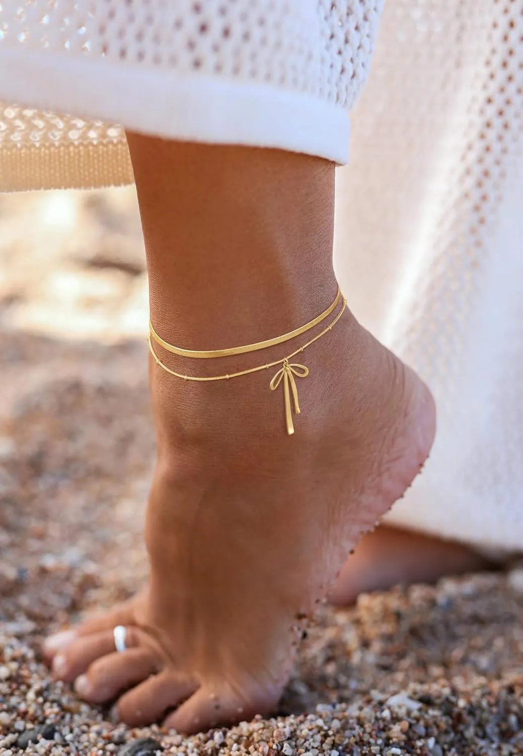 Anklets for Women 14k Gold Plated Bow Ankle Bracelets for Women Waterproof Dainty Cute Beach Knot Anklet Set Fashion Summer Foot Jewelry for Women