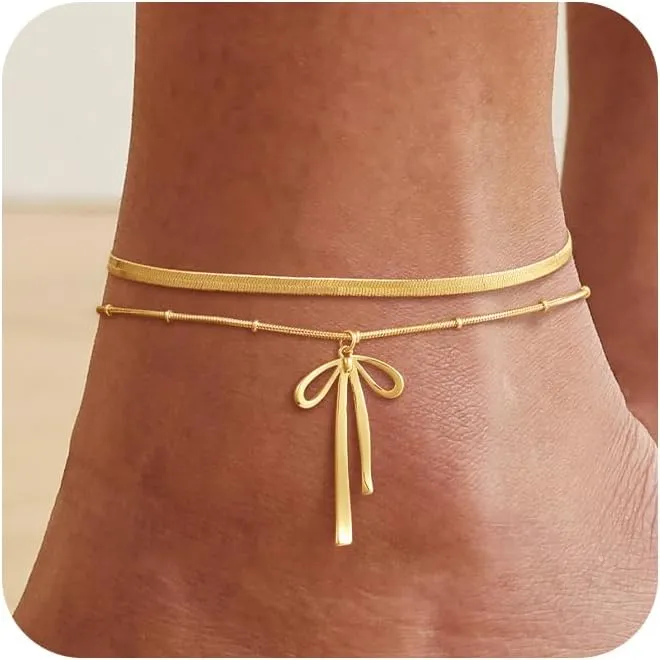 Anklets for Women 14k Gold Plated Bow Ankle Bracelets for Women Waterproof Dainty Cute Beach Knot Anklet Set Fashion Summer Foot Jewelry for Women