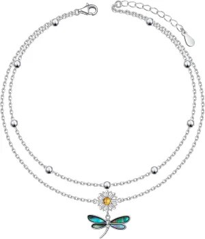 Anklets for Women 925 Sterling Silver Charm Layered Simulated Opal/Moonstone/Daisy/Infinity Summer Beach Ankle Bracelet Foot Chain Jewelry Birthday Valentine's Day Mother's Day Gift