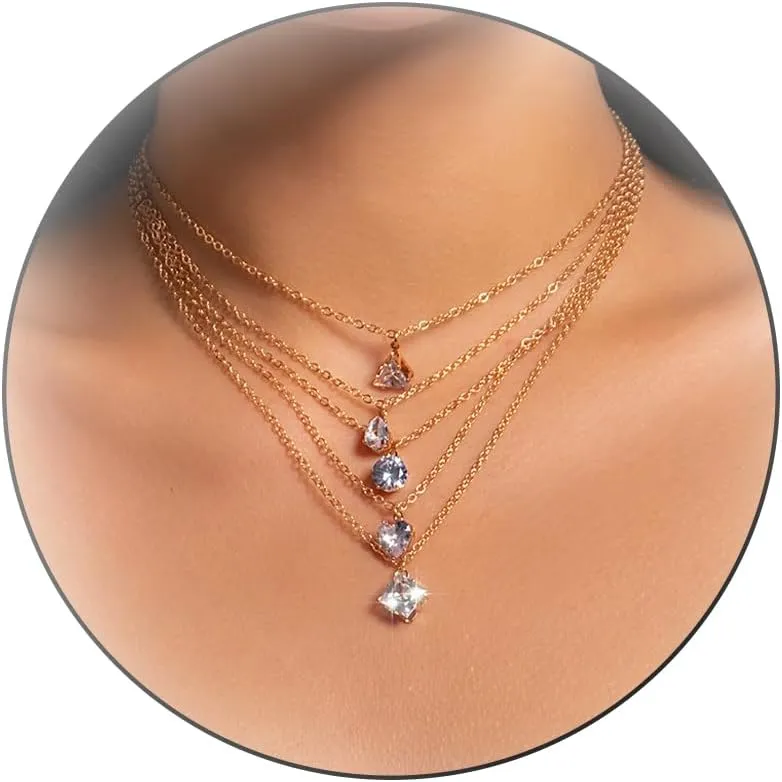 Aonklot Stocking Stuffers Holiday Outfits for Women 2024 Rhinestone Pendant Necklace Layered Crystal Necklace for Women Sparkly Party Necklace Prom Necklace Jewelry Gifts for Women (Gold)