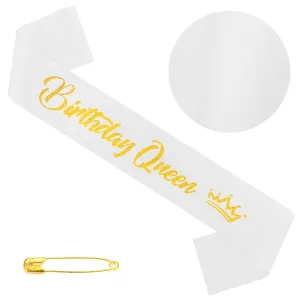 Aprince Birthday Queen Sash Glitter Accessories White Party Favor Supplies and Decorations for Women Girls Happy Birthday Sash for Sweet 16 18th 21st 30th 40th Gifts