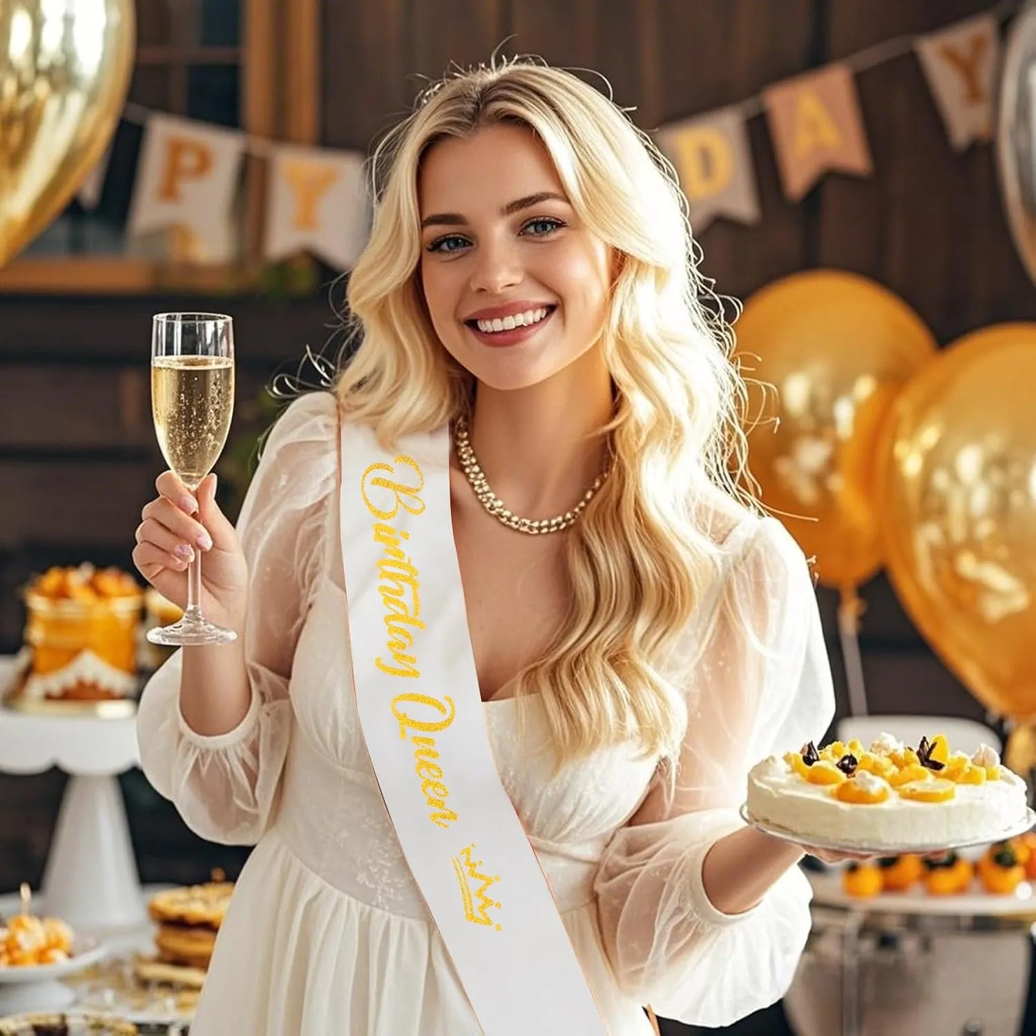 Aprince Birthday Queen Sash Glitter Accessories White Party Favor Supplies and Decorations for Women Girls Happy Birthday Sash for Sweet 16 18th 21st 30th 40th Gifts