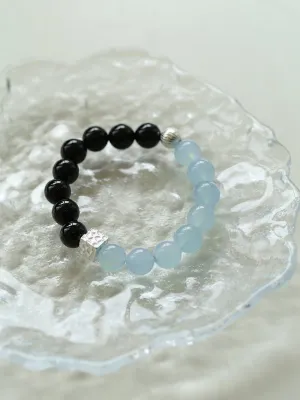 Aquamarine Black Onyx Color Block Silver Bracelet