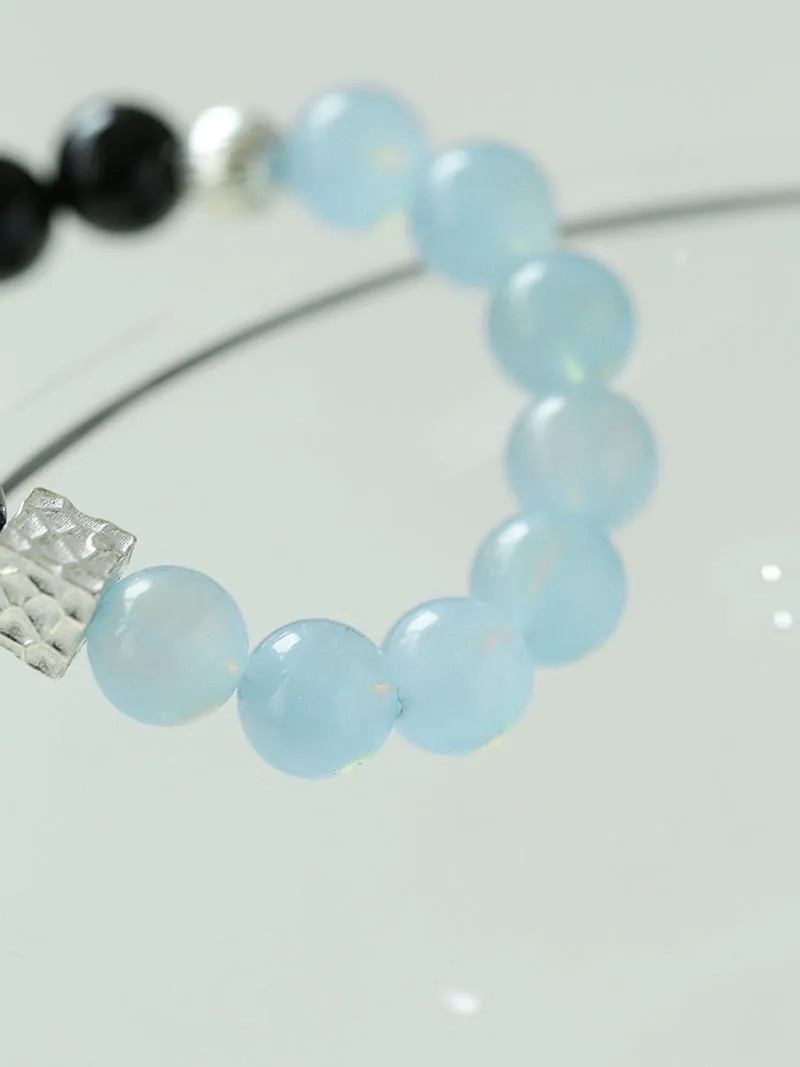 Aquamarine Black Onyx Color Block Silver Bracelet