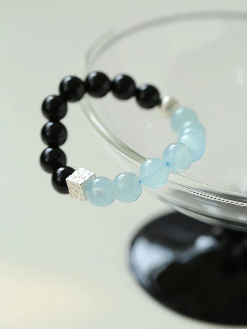 Aquamarine Black Onyx Color Block Silver Bracelet
