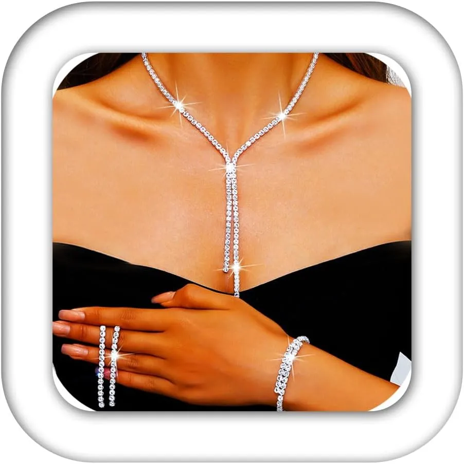 Aukmla Rhinestone Wedding Jewelry Set Silver Bridal Necklaces Earrings Bracelet Sets Prom Jewelry for Women and Brides