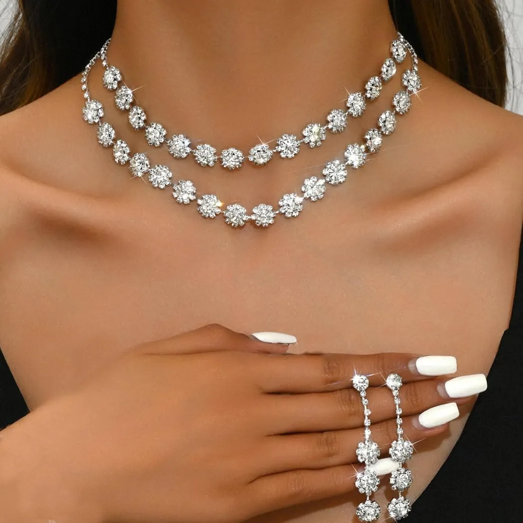 Aukmla Rhinestones Bridal Wedding Jewelry Sets Crystal Layered Choker Necklace Earrings Set Prom Formal Jewelry for Women