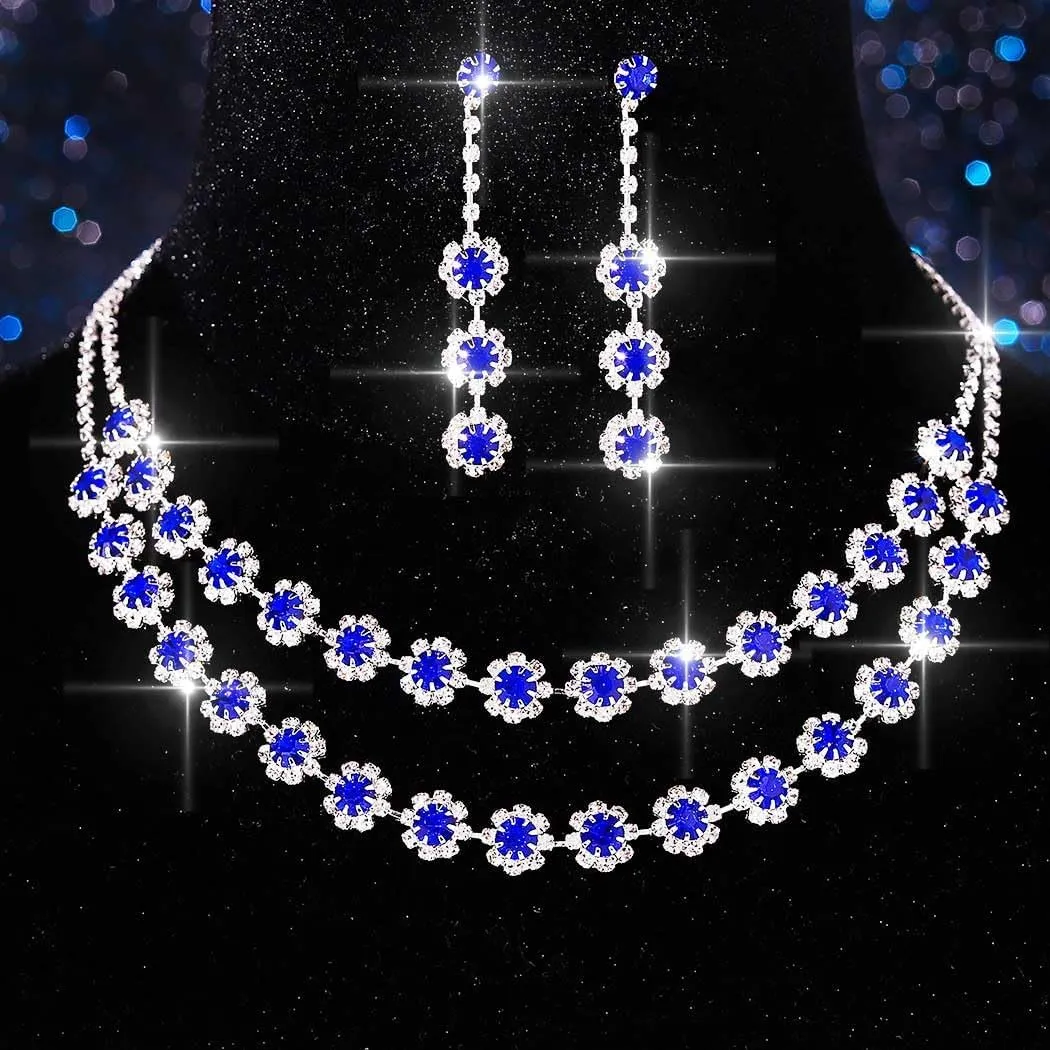 Aukmla Rhinestones Bridal Wedding Jewelry Sets Crystal Layered Choker Necklace Earrings Set Prom Formal Jewelry for Women