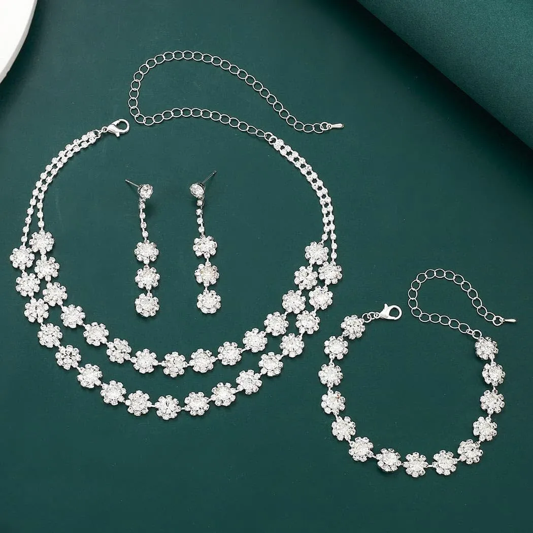 Aukmla Rhinestones Bridal Wedding Jewelry Sets Crystal Layered Choker Necklace Earrings Set Prom Formal Jewelry for Women