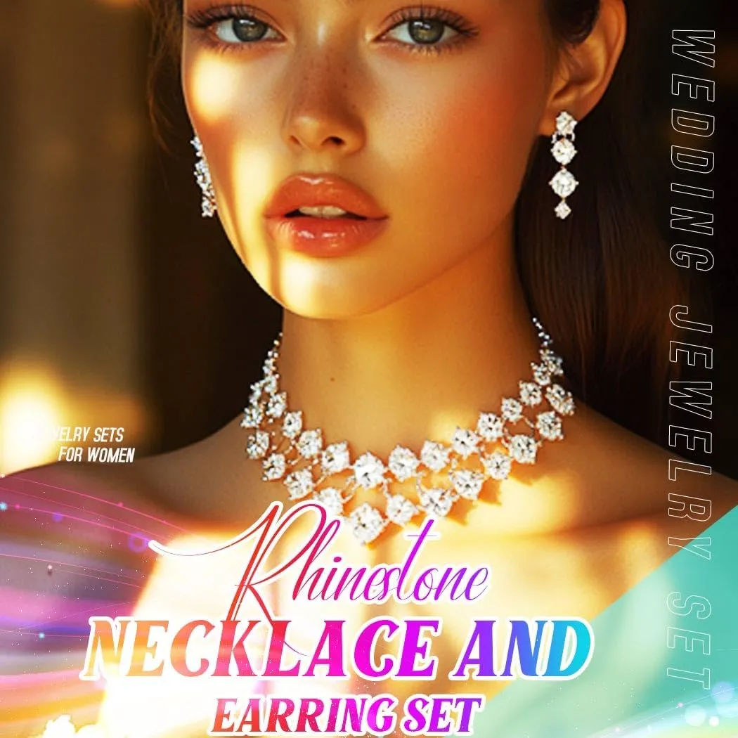 Aukmla Rhinestones Bridal Wedding Jewelry Sets Crystal Layered Choker Necklace Earrings Set Prom Formal Jewelry for Women