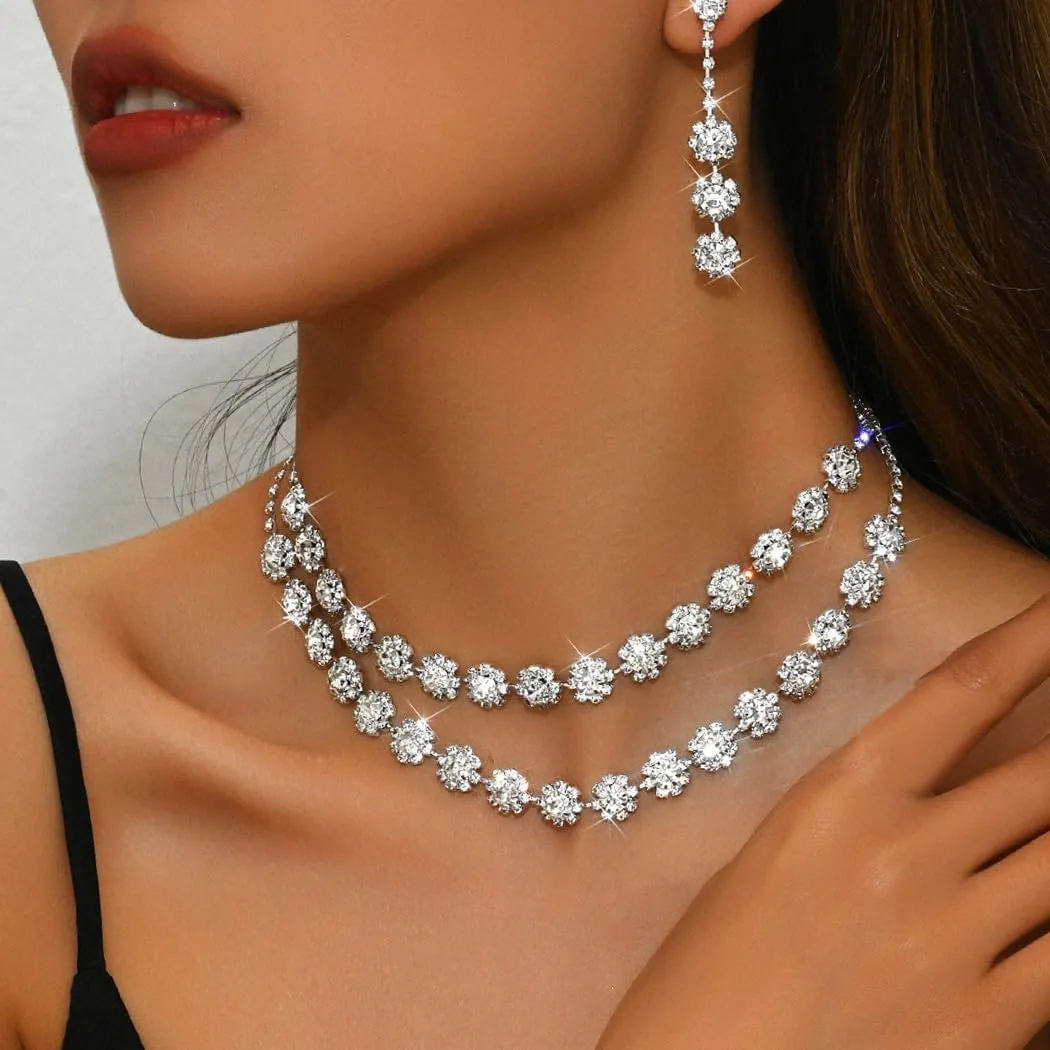 Aukmla Rhinestones Bridal Wedding Jewelry Sets Crystal Layered Choker Necklace Earrings Set Prom Formal Jewelry for Women