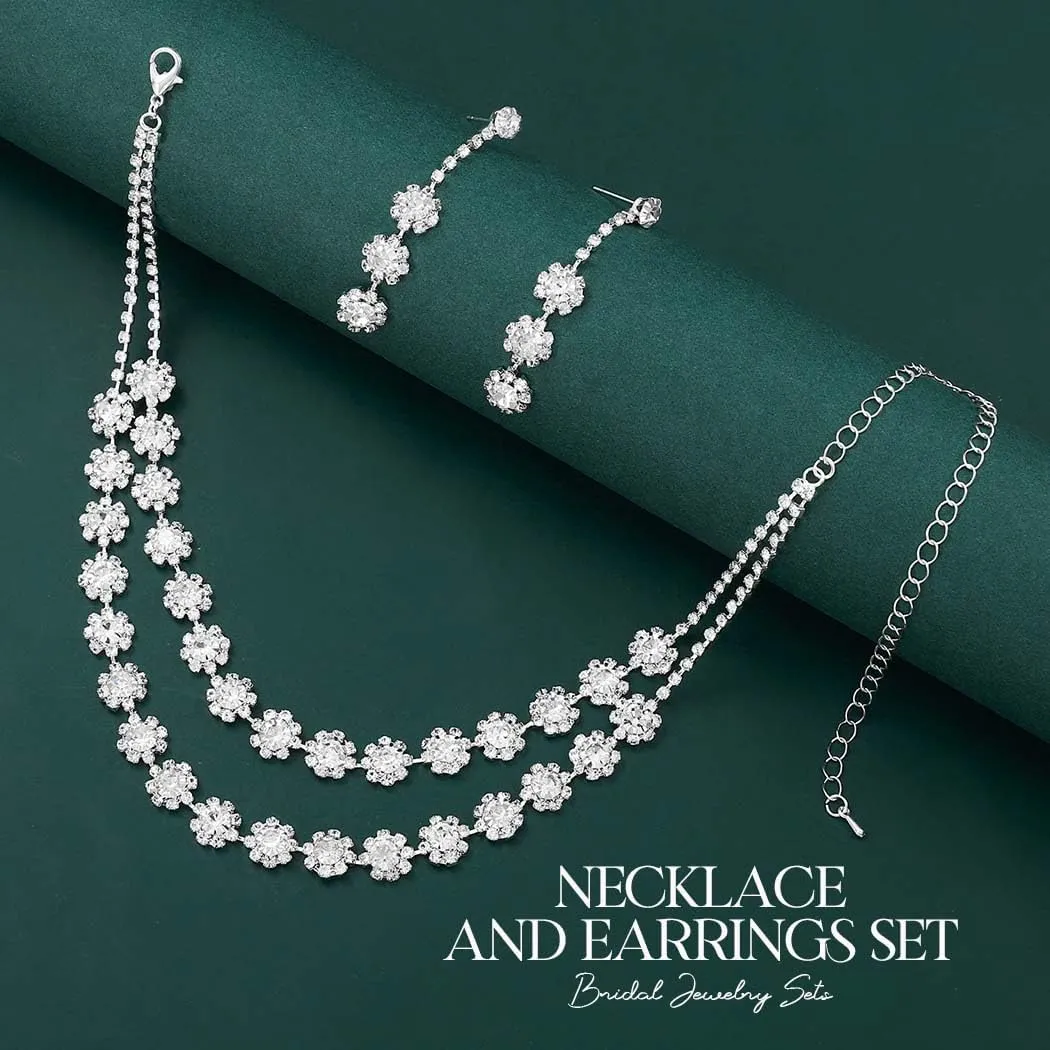 Aukmla Rhinestones Bridal Wedding Jewelry Sets Crystal Layered Choker Necklace Earrings Set Prom Formal Jewelry for Women