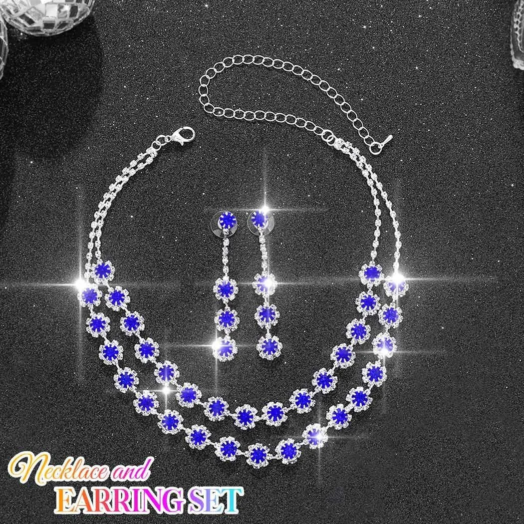 Aukmla Rhinestones Bridal Wedding Jewelry Sets Crystal Layered Choker Necklace Earrings Set Prom Formal Jewelry for Women