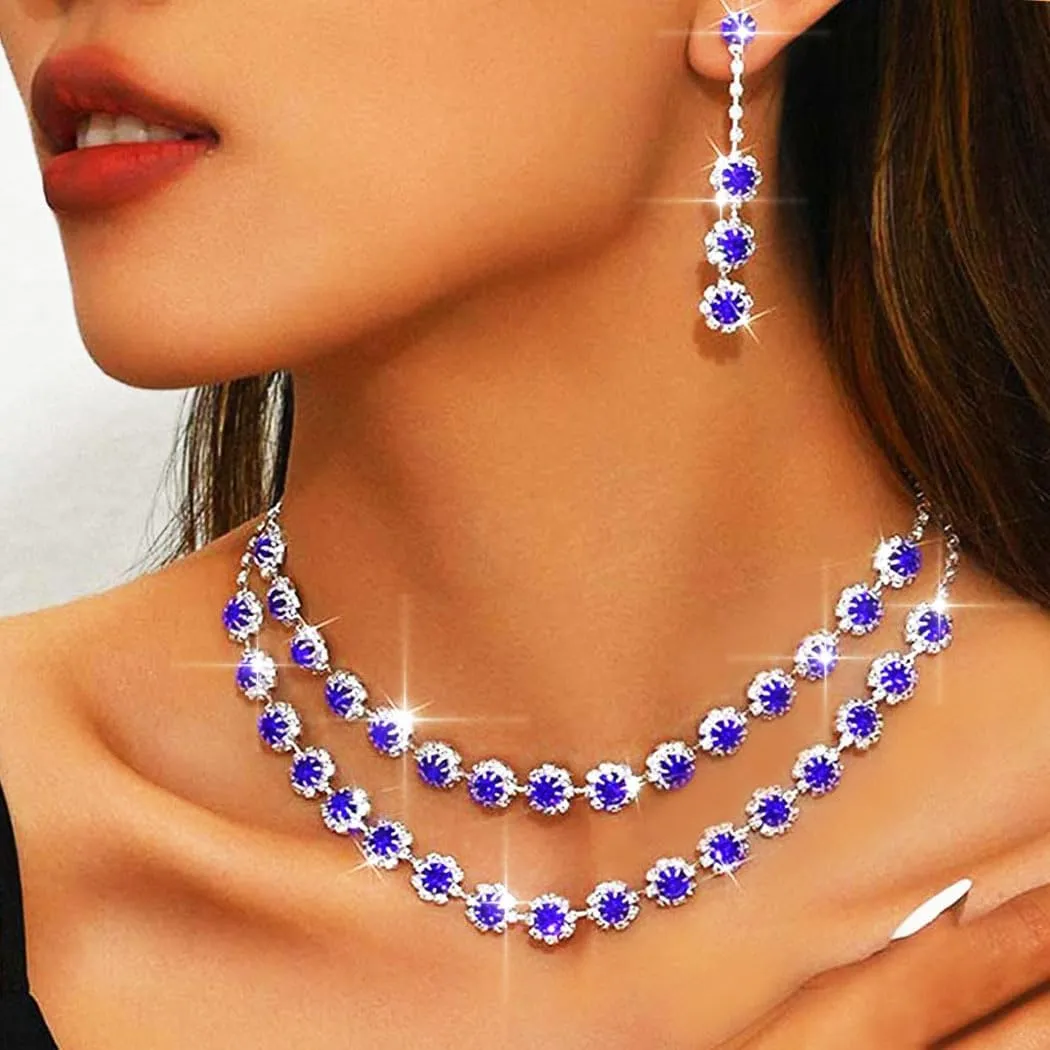 Aukmla Rhinestones Bridal Wedding Jewelry Sets Crystal Layered Choker Necklace Earrings Set Prom Formal Jewelry for Women