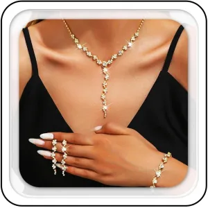 Aukmla Silver Rhinestones Bridal Wedding Jewelry Set Sparkly Crystal Necklace Earrings Bracelet Sets Prom Jewelry for Women and Brides