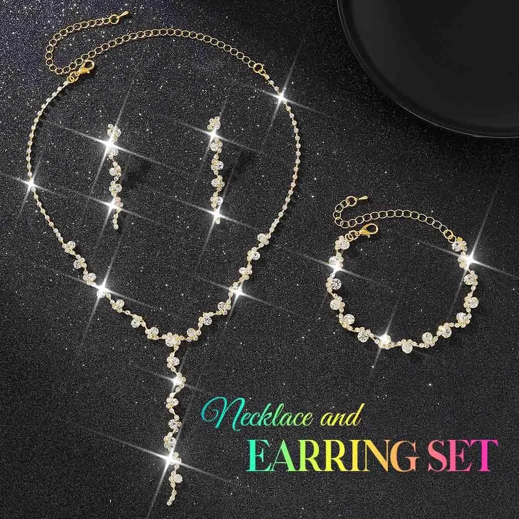 Aukmla Silver Rhinestones Bridal Wedding Jewelry Set Sparkly Crystal Necklace Earrings Bracelet Sets Prom Jewelry for Women and Brides