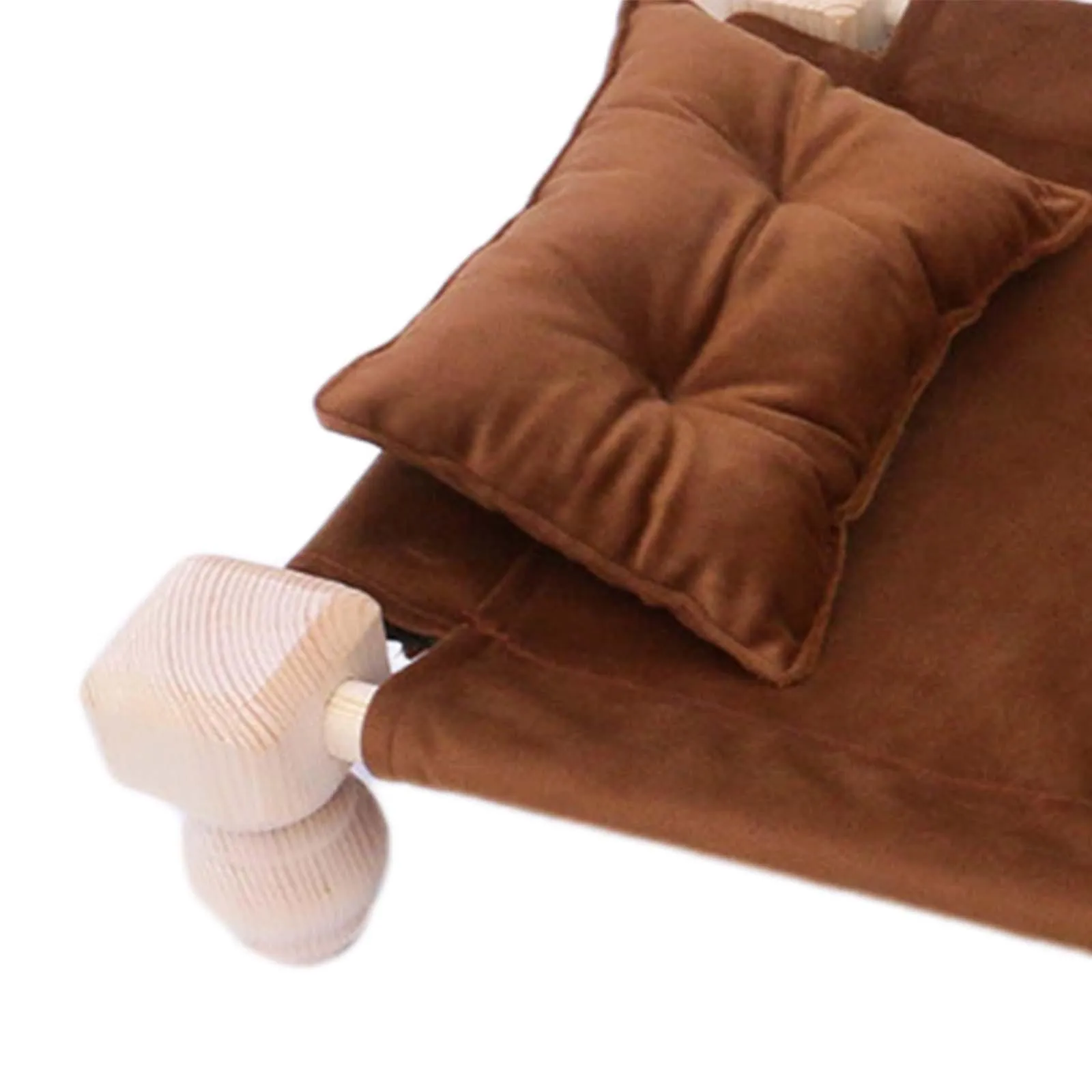 Babymoon Velvet Cover Wooden Bed | Wooden Properties | Pillow | Baby Photoshoot Props | Brown