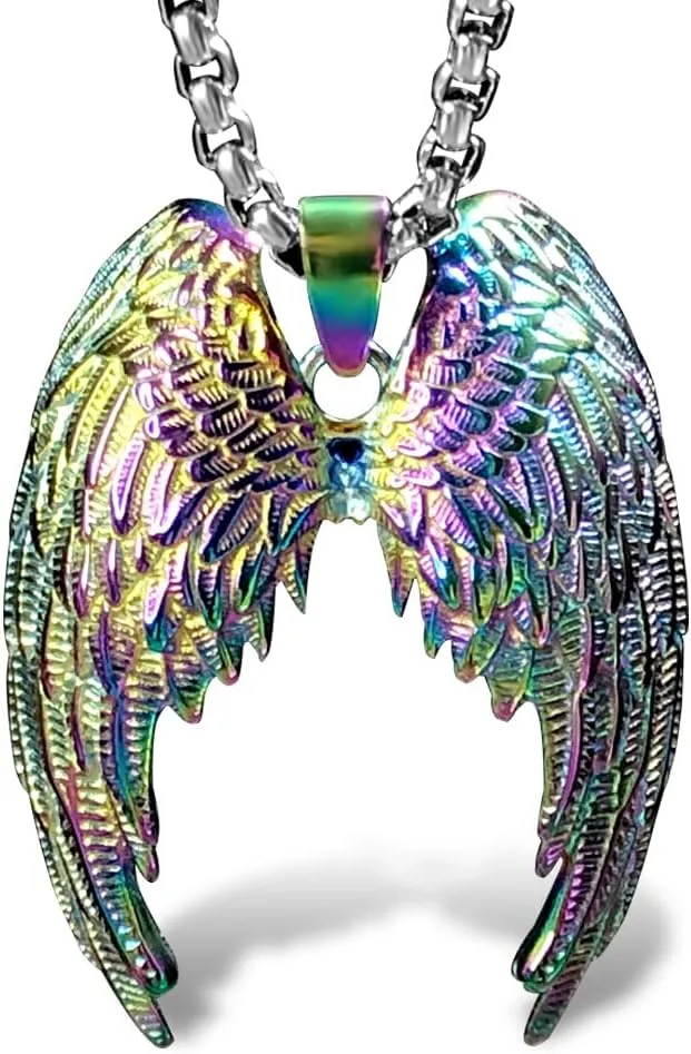 bahamut Colorful Guardian Fairy Angel Wings Necklace for Woman Men Women,Stainless Steel Pendant Chain,Protection Amulet Jewelry Gifts (Colorful)