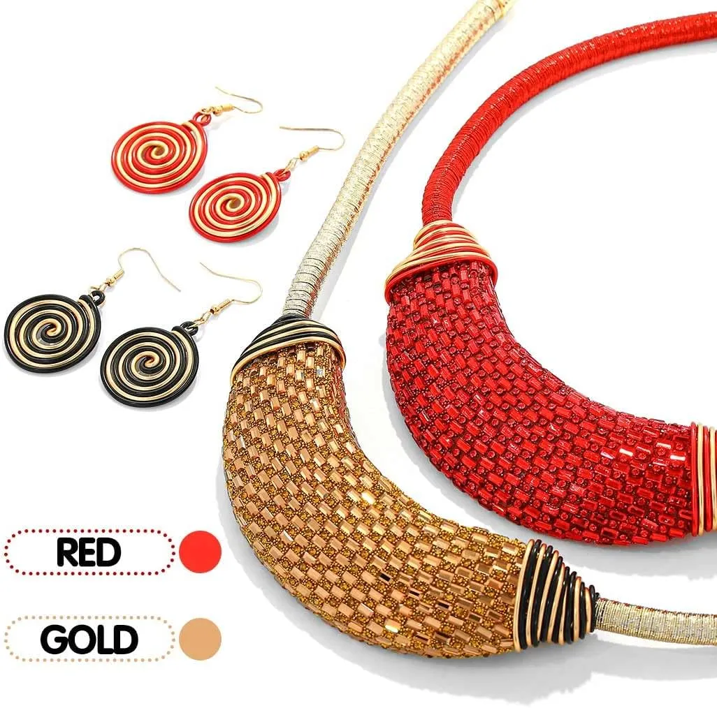 Barode African Statement Choker Necklaces Earrings Gold Chunky Bib Collar Necklace Ethnic Indian Tribal Costume Jewelry Set for Women