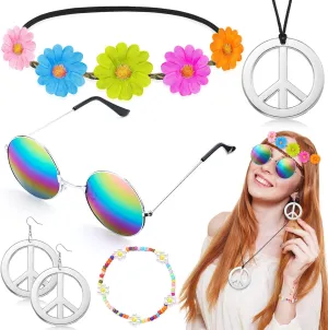 Batiyeer 6 Pcs Hippie Costume Accessories Set Boho Peace Sign Rainbow Daisy Flower 60s 70s Party Favors Decor for Women Girls