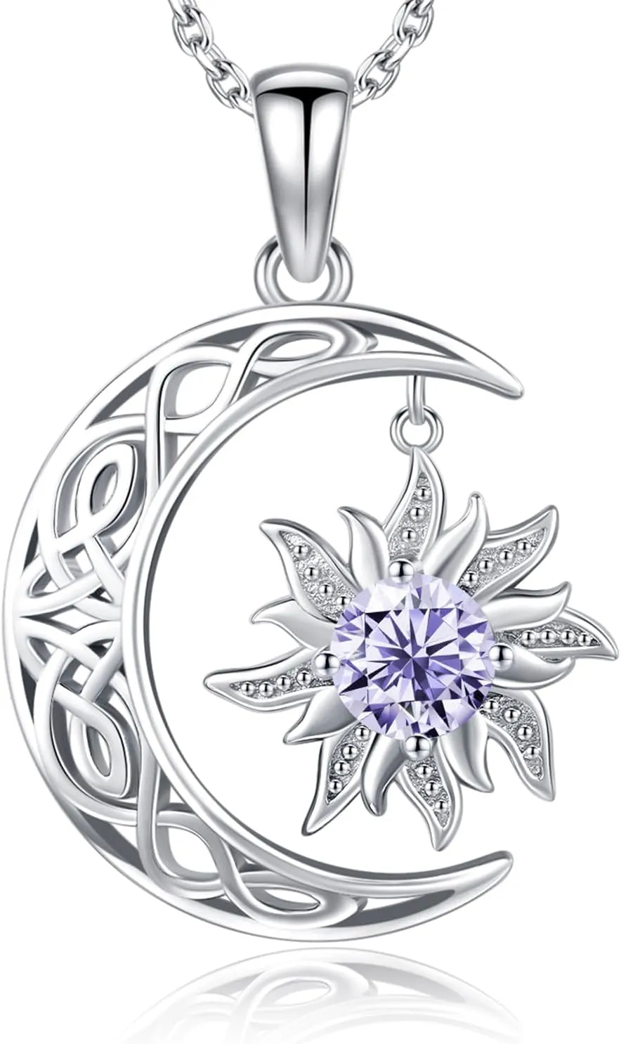 BDL Birthstone Necklaces for Women, 925 Sterling Silver Sun Moon Witch Jewelry Christmas Gifts